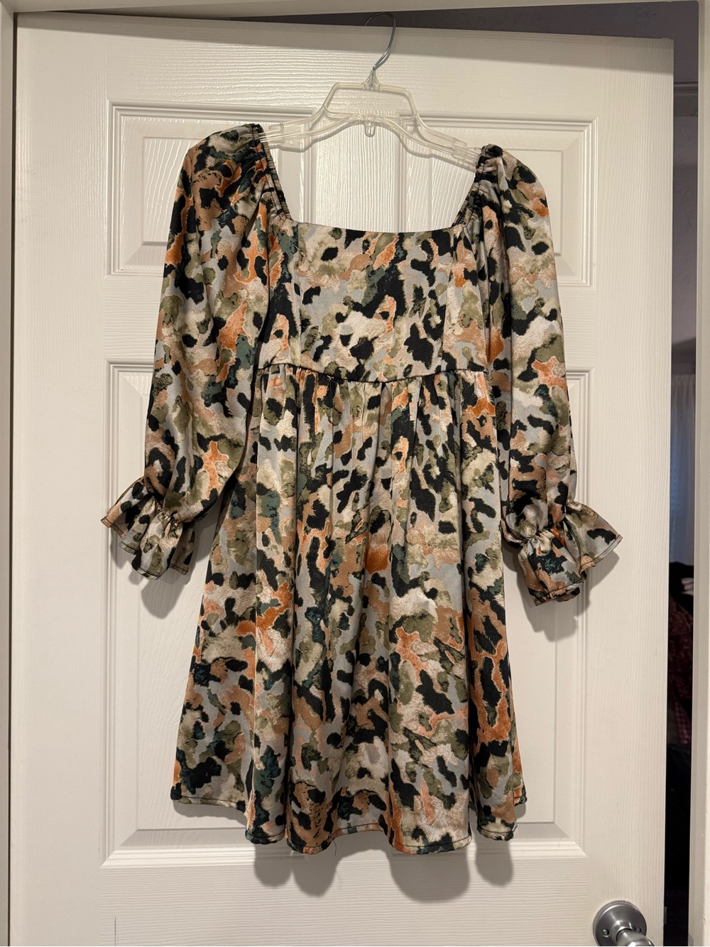 Square Neck Long Puff Sleeve Mini Dress - Multicolor Print